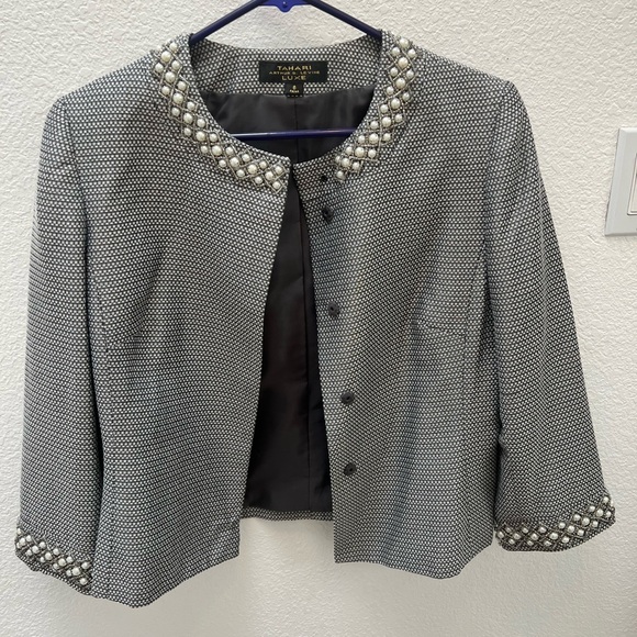 Tahari by ASL Luxe Beaded Blazer Jacket and Skirt Woven Metallic Gray White sz 8 - Picture 3 of 13